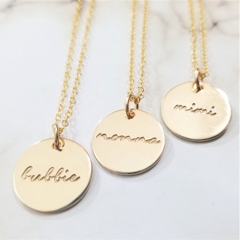 Grandma Necklace Bubbe Jewelry Bubbie Nonna Mimi Gold Fill Disc Gold Fill Pendant Hand Stamped 14k Gold Filled image 1