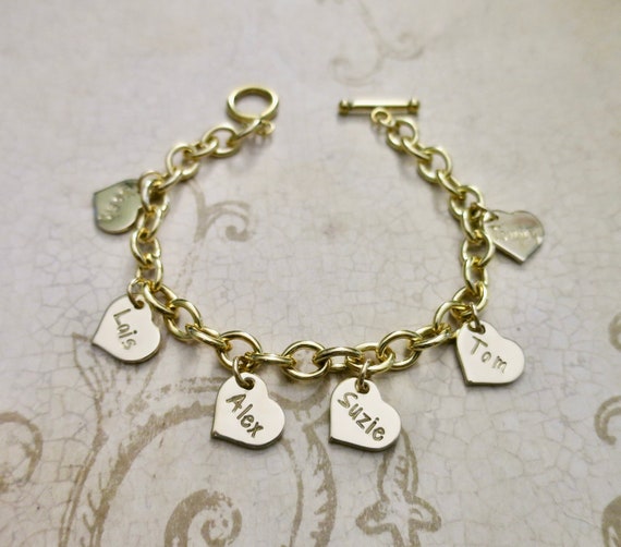 Gold Hearts Charm Bracelet in 14k Gold Filled | Personalized Hebrew or English | Hand Stamped Custom Jewelry