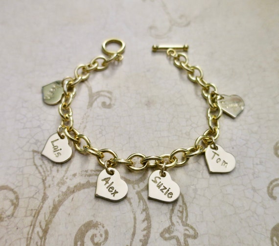 Gold Hearts Charm Bracelet | 14k Gold Filled | Personalized Bracelet | Hebrew or English | Hand Stamped | Custom Jewelry | Mother's Day Gift