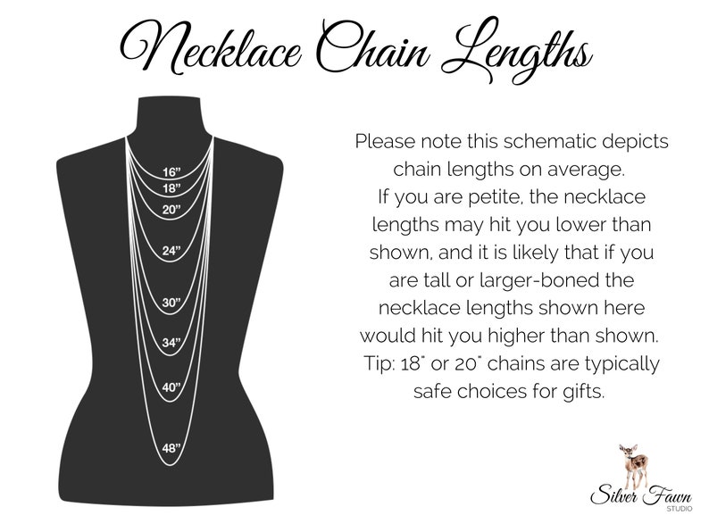 May include: A diagram showing different necklace chain lengths from 16 inches to 48 inches. The diagram shows a person wearing the necklaces at different lengths. The text reads "Necklace Chain Lengths" and includes information about average chain lengths and how they may vary depending on height.