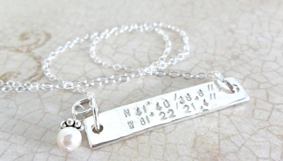 Latitude Longitude Necklace | Sterling Silver Bar Necklace | Horizontal Bar Necklace | Coordinates Necklace | Pearl Accent