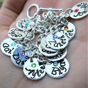 Sterling Silver Charm Bracelet | Kids Names | Grand kids Names | Children&#39;s Names | Name Discs | Name Pendants | Embedded Birthstones