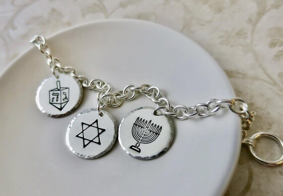 Hanukkah Bracelet | Jewish Star | Dreidel | Menorah | Sterling Silver | Hand Stamped | Charm Bracelet | Jewish Jewelry | Judaica | Chanukah