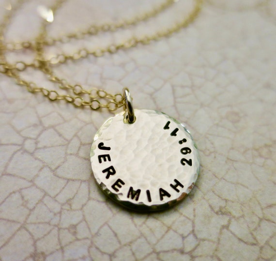 Jeremiah 29:11 Necklace | Hand Stamped | 14k Gold Filled | Custom Biblical Verse Jewelry | Bible Verse | Hammered Disc