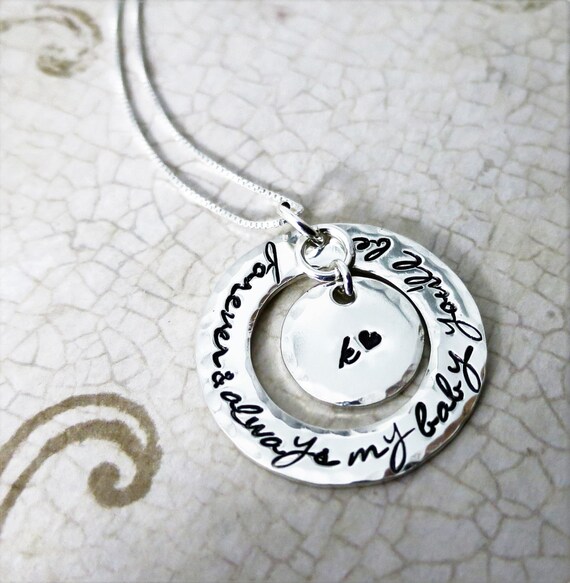 Forever & Always My Baby You'll Be - Mommy Jewelry - Mommy Quote - Sterling Silver Washer - Initial Jewelry - Child's Initial - Engraved