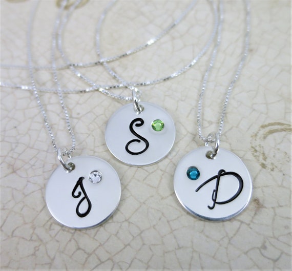 Initial Necklace | Sterling Silver Monogram Necklace | Hand Stamped Jewelry | Birthstone Jewelry | Birthstone Necklace | Swarovski Crystal