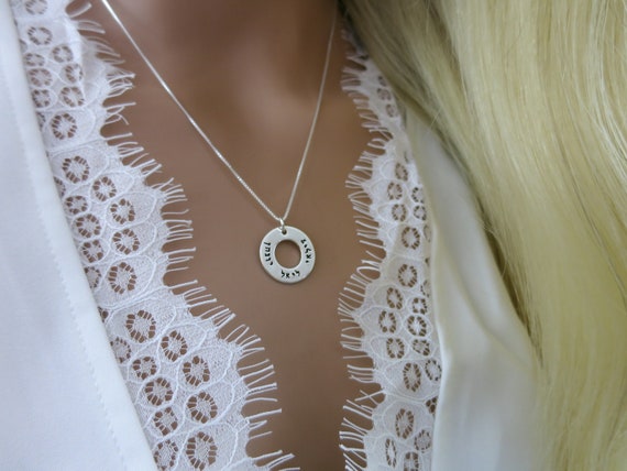 Custom Hand Stamped Hebrew Sterling Silver Washer Necklace | Personalized Text