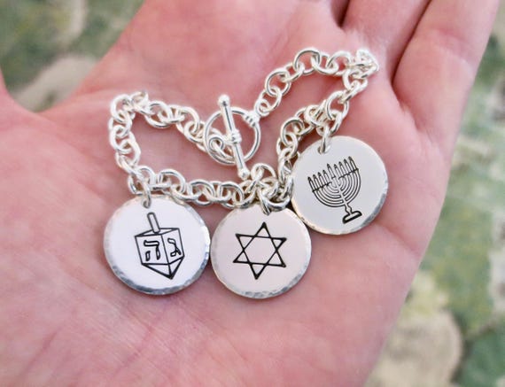 Hanukkah Bracelet | Jewish Star | Dreidel | Menorah | Sterling Silver | Hand Stamped | Charm Bracelet | Jewish Jewelry | Judaica | Chanukah