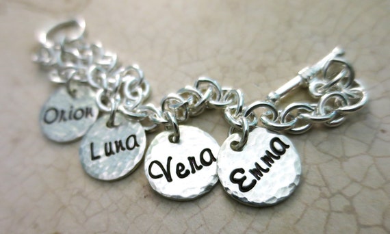 Custom Family Charm Bracelet | Hand Stamped Sterling Silver Pendants | Kid's Names | Family Names | Hammered Finish