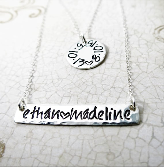 Mommy Necklace | Hand Stamped Kid's Names | Birth dates | Sterling Silver Bar | Sterling Silver Disc | Handwriting Font | Layering Necklaces