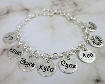 Sterling Silver Charm Bracelet | Custom Charm Bracelet | Personalized Name Bracelet | Gift for Mom | Gift for Grandma | Family Name Discs