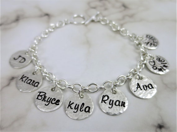 Sterling Silver Charm Bracelet | Custom Charm Bracelet | Personalized Name Bracelet | Gift for Mom | Gift for Grandma | Family Name Discs