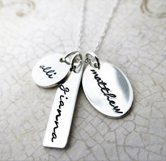 Personalized Name Jewelry | Family Charm Necklace | Three Names | Sterling Silver | Hand Stamped Jewelry | Script font | Handwriting font