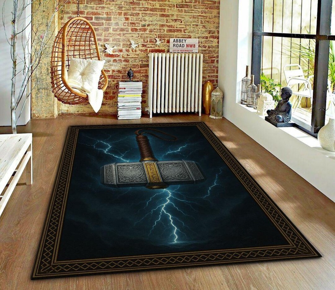 Thor's Hammer Rug: Norse Viking Art, Blue & Gold Lightning Carpet - Etsy
