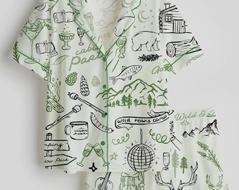 Cabin Party Pajama Set, Camping Button Up Short Sleeve PJs, Women’s Adventure Sleepwear, Cozy Nature Loungewear Gift