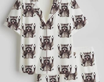 Funny Raccoon Pajama Set – Rock On Raccoon Button-Up Pajamas, Cute Animal Print Sleepwear, Cozy Gift for Animal Lovers