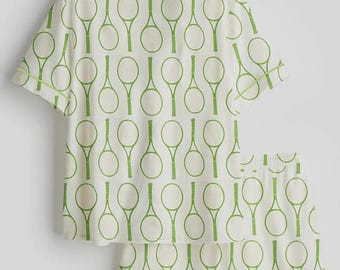 Tennis Print Pajama Set – Button-Up Short Sleeve Sleepwear with Shorts, Sporty Loungewear Gift for Women