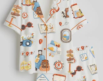 Adventure Travel Pajama Set – Cute Button-Up Short Sleeve Sleepwear with Shorts, Vacation Print Loungewear Gift