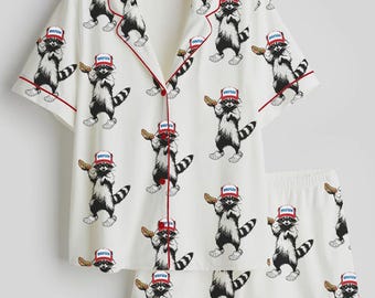 Funny Raccoon Pajama Set – Patriotic Animal Print Sleepwear, Cute Button-Up PJ Shorts Set, Cozy Lounge Pajamas for Women