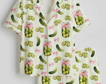Funny Pickle Pajama Set for Women – Cute Pickles Print Button-Up Short Sleepwear