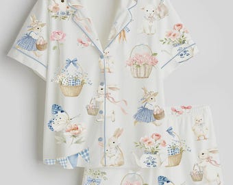 Cute Bunny Pajama Set – Floral Button-Up Short Sleeve Sleepwear with Shorts, Cottagecore Loungewear Gift