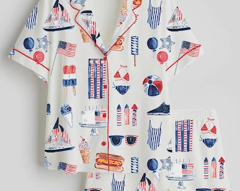 Pijama del 4 de julio para mujer: ropa de dormir patriótica en rojo, blanco y azul, pijama de manga corta con botones, estilo americano, ropa de estar por casa cómoda para el verano.
