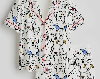 Dog Lover Pajama Set, Cute Puppy Button Up Short Sleeve PJs, Women’s Dog Print Sleepwear, Fun Pet Lover Loungewear Gift