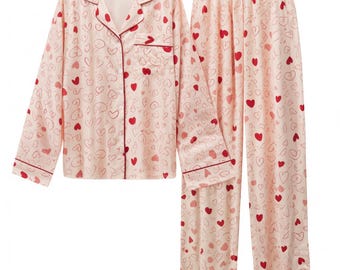Pink Heart Pajamas Set | Satin Sleepwear Loungewear