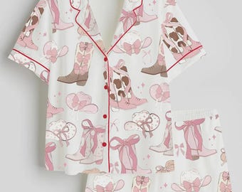 Pink Cowgirl Pajama Set for Women – Cute Western Boots Print Short Sleeve Button-Up Sleepwear, Cozy Girly Loungewear Gift