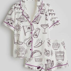 Fiesta Nights Pajama Set – Cute Button-Up Short Sleeve Sleepwear with Shorts, Mexican-Inspired Print Loungewear Gift