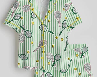 Tennis Stripe Pajama Set – Button-Up Short Sleeve Sleepwear with Shorts, Sporty Green Loungewear Gift
