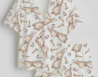 Kids Bunny Pajama Set, Easter Short Sleeve Button Up PJs, Cute Rabbit Print Sleepwear for Girls, Soft Spring Youth Loungewear Gift