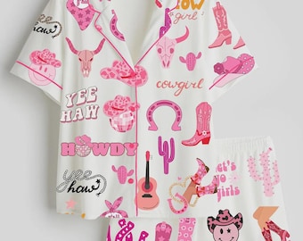 Cowgirl Pajama Set for Women – Pink Western Sleepwear, Yeehaw Button-Up Short Sleeve PJ Set, Cute Country Loungewear