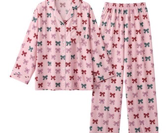 Pink Bow Print Pajama Set - Satin Loungewear