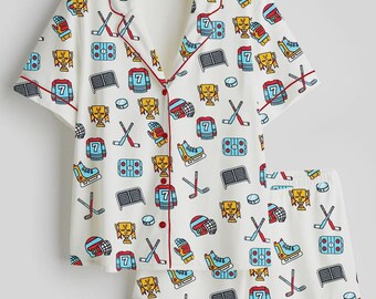 Hockey Pajama Set for Women – Cute Sports Sleepwear, Button-Up Short Sleeve PJ Set, Cozy Game Night Pajamas