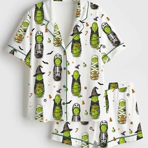 Halloween Pickle Pajama Set, Spooky Pickle Button Up Shirt and Shorts, Cute Witch Mummy Skeleton Sleepwear, Funny Halloween PJs