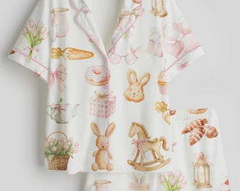 Kids & Youth Easter Pajama Set, Soft Bunny Print Button Up Short Sleeve PJ Set, Pastel Spring Sleepwear, Cute Matching Loungewear
