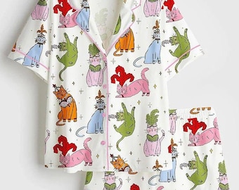 Cute Cat Pajama Set for Women – Colorful Cartoon Kitty Button-Up Short Sleepwear