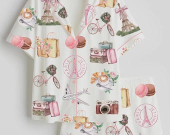 Conjunto de pijama parisino, pijama de manga corta con botones de inspiración francesa, ropa de dormir para mujeres amantes de los viajes, bonito regalo para estar en casa durante las vacaciones