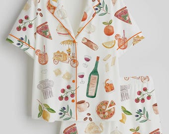 Italian Food Pajama Set – Button-Up Short Sleeve Sleepwear with Shorts, Cute Kitchen Print Loungewear Gift