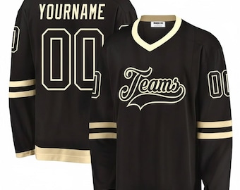 Custom Name Number Hockey Jersey - Black & Cream Vintage Script Sewn Sweater
