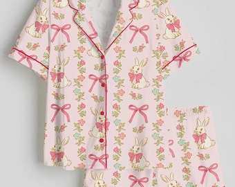 Kids Pink Bunny Pajama Set, Easter Short Sleeve Button Up PJs, Cute Floral Sleepwear for Girls, Youth Spring Loungewear Gift