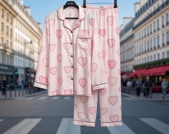 Pink Heart Print Satin Pajamas | Bridal Party Loungewear