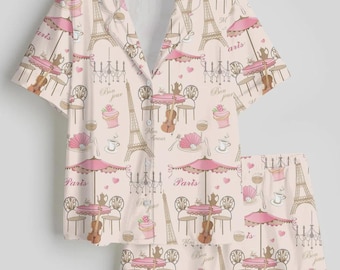 Paris Café Pajama Set for Women – Cute Eiffel Tower Print Short Sleeve Button-Up Sleepwear, Cozy French-Inspired Loungewear Gift