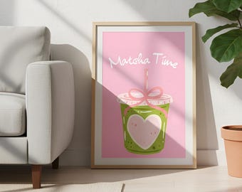 Matcha Time Art Print, Iced Latte Kitchen Wall Decor, Minimalist Green Poster, Kitchen Wall Art, Matcha Wall Art (Digital Download)