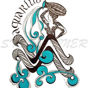 Signe du zodiaque AQUARIUS - impression à partir du design et du dessin originaux, décor mural de yoga, décor de la maison du zodiaque, signe du zodiaque du Verseau
