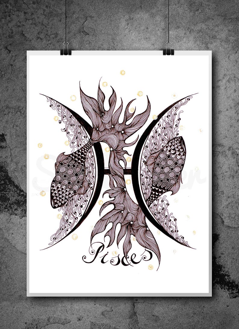Zodiac Sign PISCES Print From Original Design and Drawing, Wall Decor