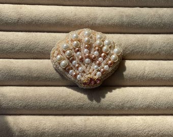 Handmade Beaded Seashell Brooch – Pearl & Crystal Ocean Inspired Pin – Coastal Jewelry Gift