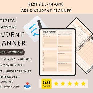 Pode incluir: Planeador digital para estudantes de 2025 e 2026, projetado para estudantes com TDAH. Apresenta planos di&aacute;rios e mensais, rastreadores financeiros e dicas de fitness. Inclui uma op&ccedil;&atilde;o de download digital. Calend&aacute;rio.