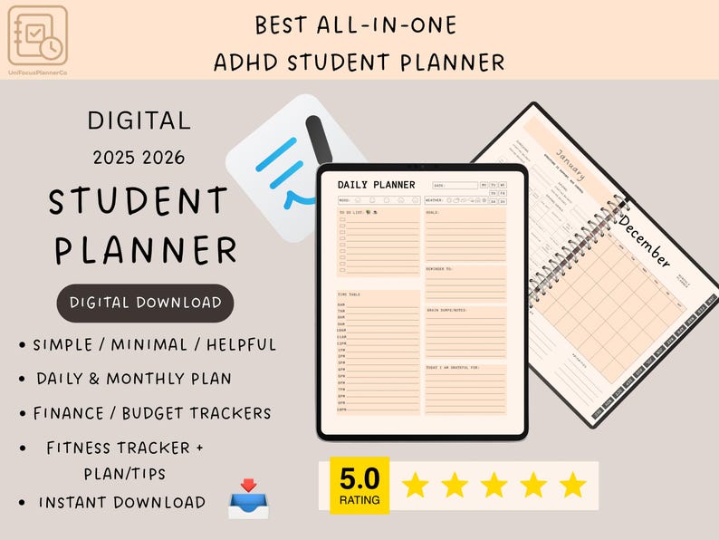 Pode incluir: Planeador digital para estudantes de 2025 e 2026, projetado para estudantes com TDAH. Apresenta planos di&aacute;rios e mensais, rastreadores financeiros e dicas de fitness. Inclui uma op&ccedil;&atilde;o de download digital. Calend&aacute;rio.